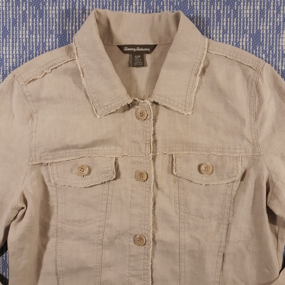 Tommy Bahama Two Palms Linen Shirt Jacket Womens Small Raw Edge Button Up Beige - Picture 2 of 10